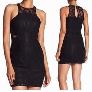 NSR Women's Black Sheer Stretch Lace Sleeveless Halter Cocktail Mini Dress Sz M